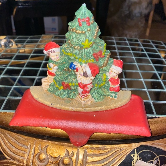 Vintage Other - Vintage solid cast iron stocking holder elves trimming Christmas tree green red